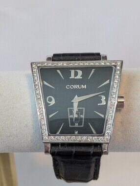 Corum Women's Black Leather Strap Diamond-Accented Watch
